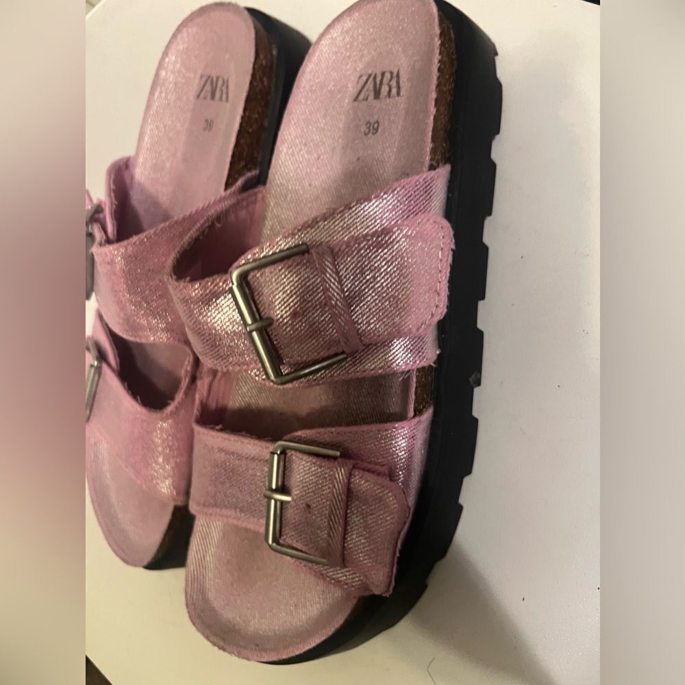 Zara Buckled Denim Slip On Open Toe Flat Sandals Pink Women's 39 /9 Out Of Stock
